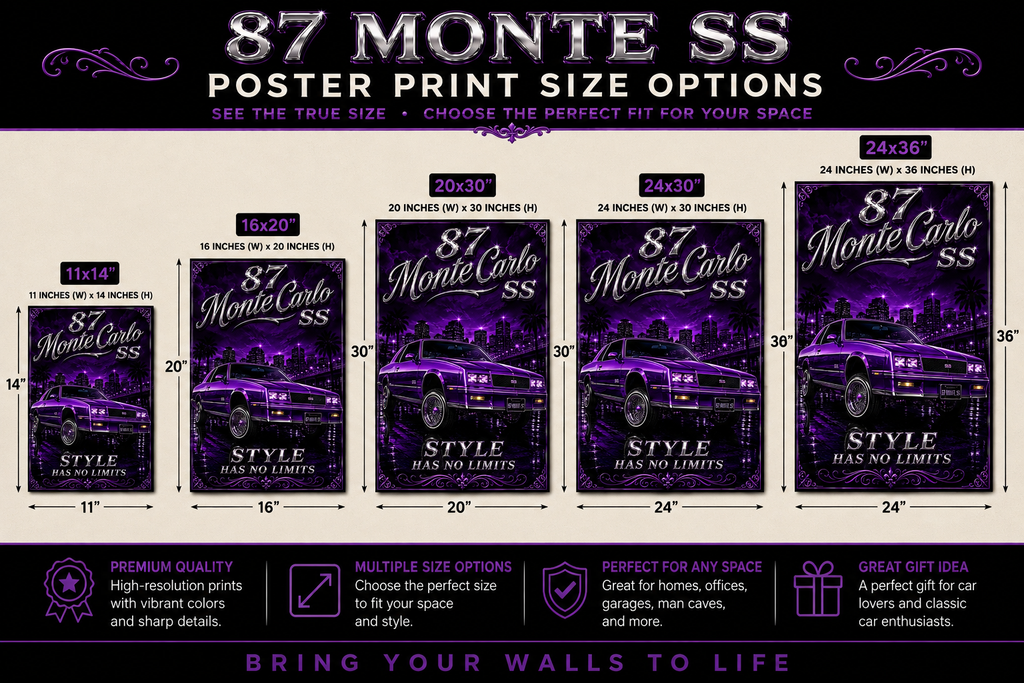 87 Monte Carlo SS Style Has No Limits Purple Old School Lowrider Poster Print