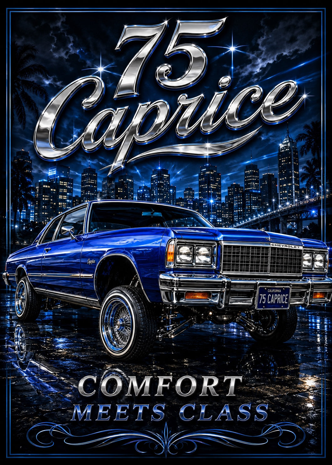 75 Caprice Comfort Meets Class Blue Old School Lowrider Poster Print