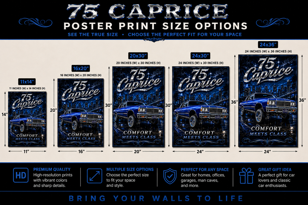 75 Caprice Comfort Meets Class Blue Old School Lowrider Poster Print