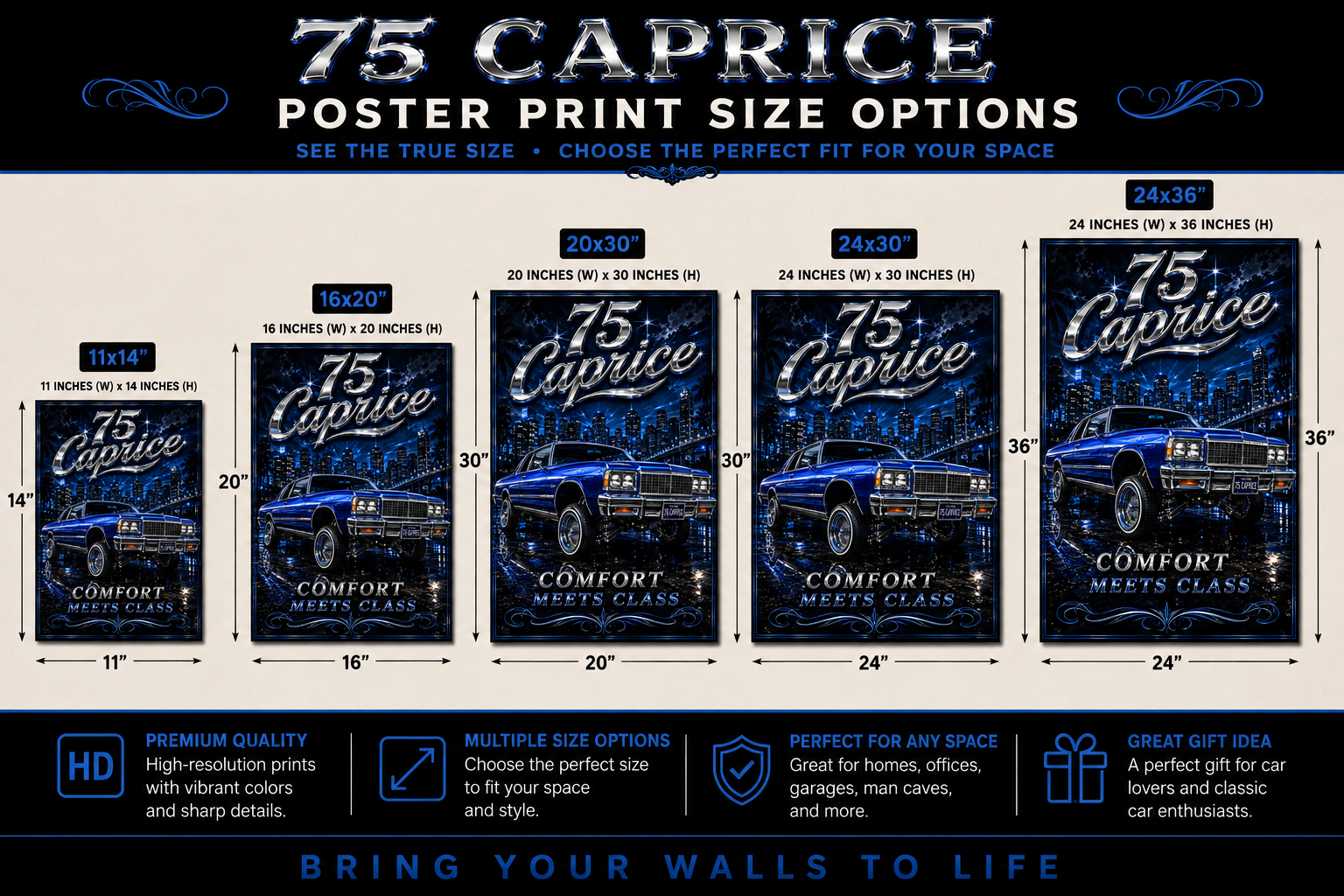 75 Caprice Comfort Meets Class Blue Old School Lowrider Poster Print