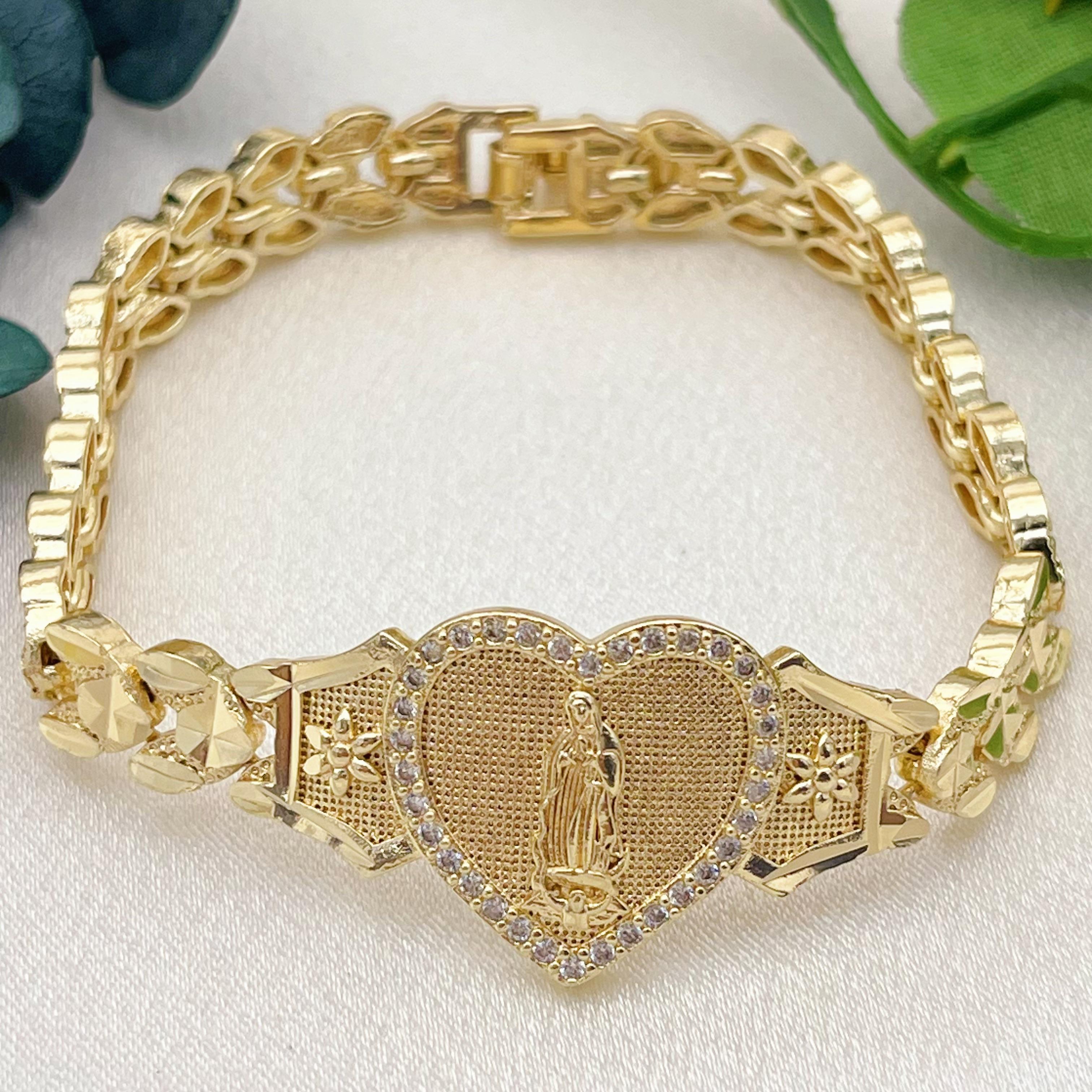 14K Gold Plated Virgin Mary & Jesus Heart Link Bracelet with Zircon Accents