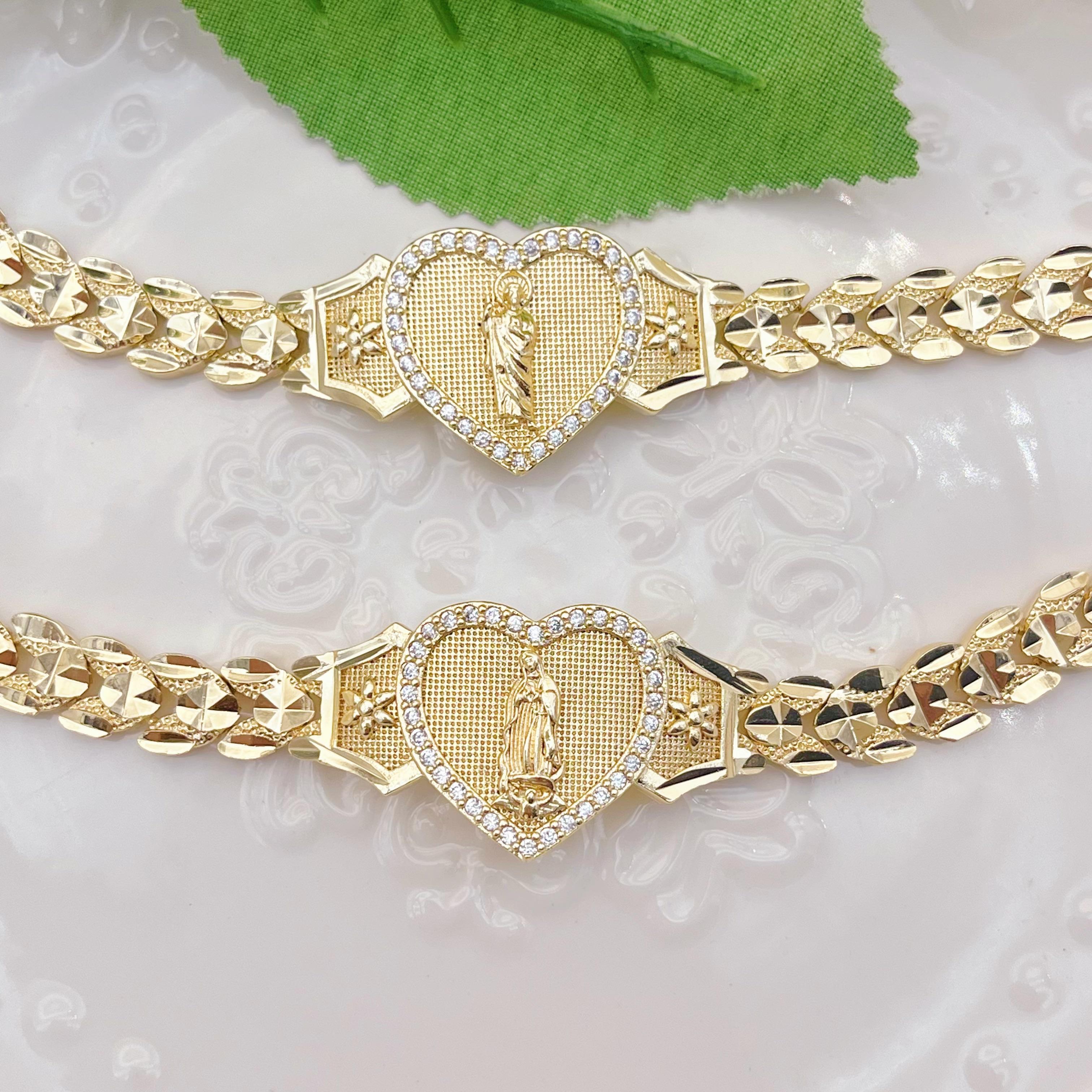 14K Gold Plated Virgin Mary & Jesus Heart Link Bracelet with Zircon Accents