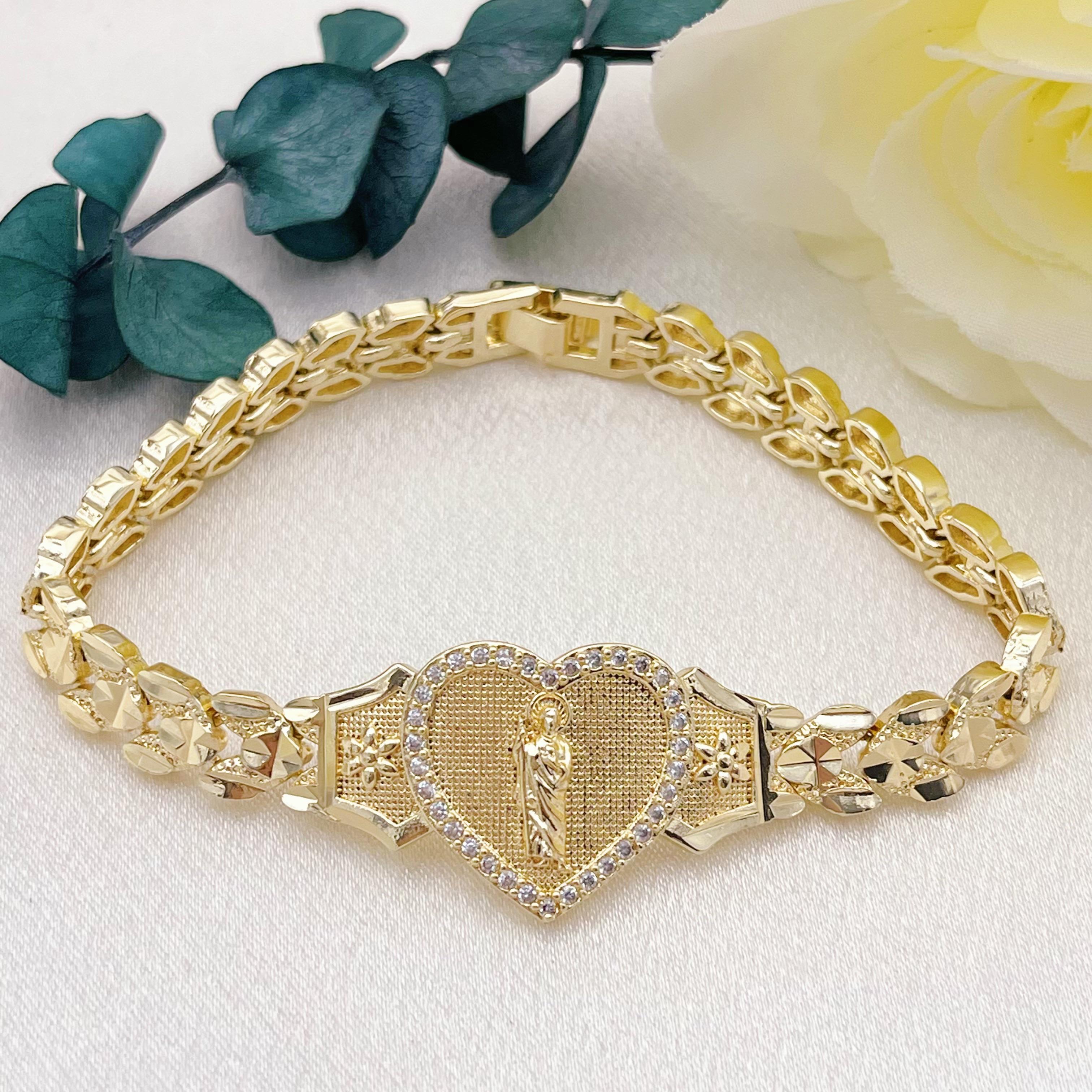 14K Gold Plated Virgin Mary & Jesus Heart Link Bracelet with Zircon Accents