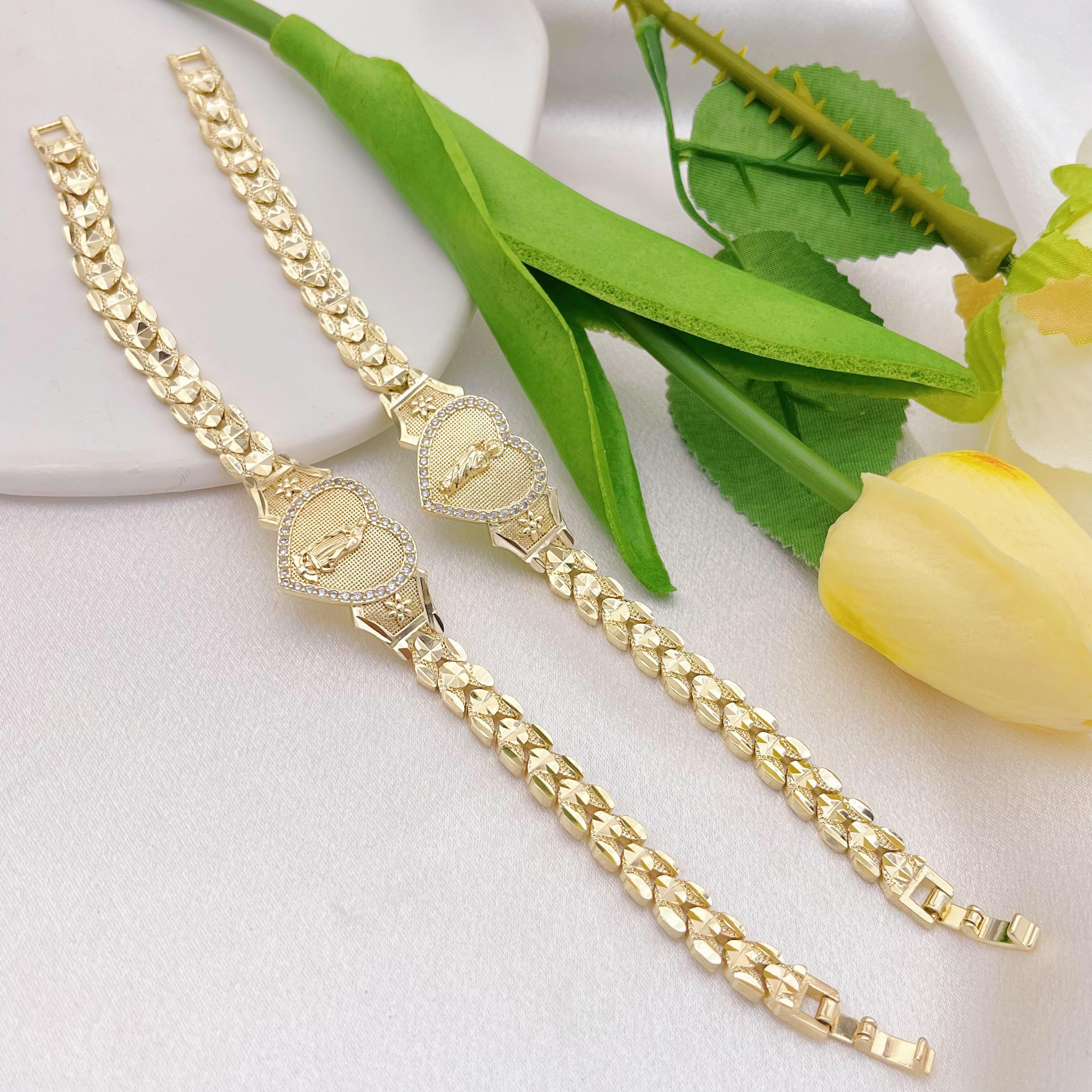 14K Gold Plated Virgin Mary & Jesus Heart Link Bracelet with Zircon Accents