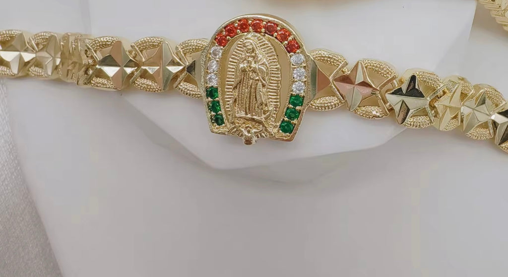 JML 14K Gold Plated Virgen de Guadalupe Charm Bracelet with Zircon – Unisex Religious Jewelry