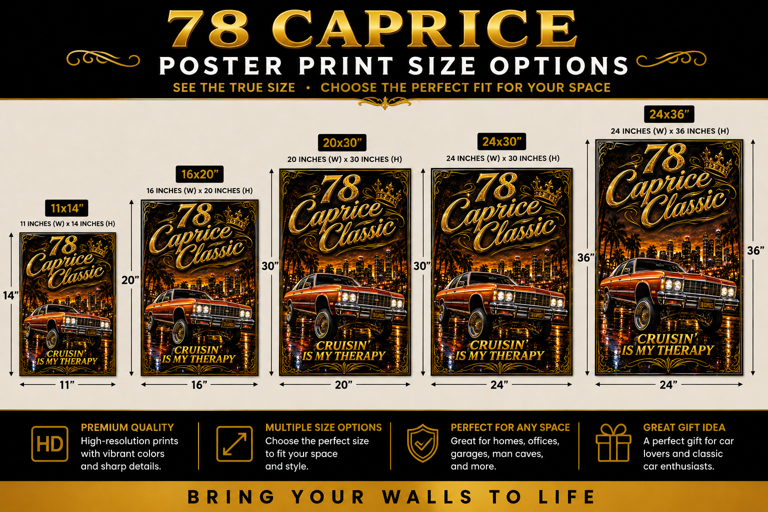 78 Caprice Classic Cruisin’ Is My Therapy Old School Lowrider Poster Print