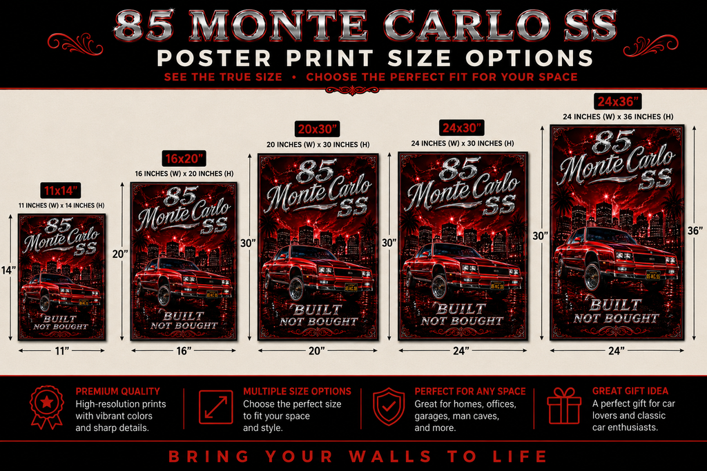 85 Monte Carlo SS Built Not Bought Red Old School Lowrider Poster Print