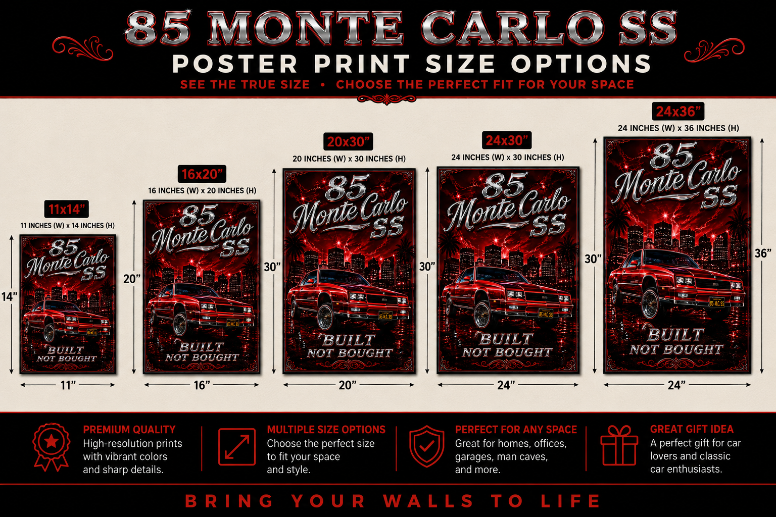 85 Monte Carlo SS Built Not Bought Red Old School Lowrider Poster Print