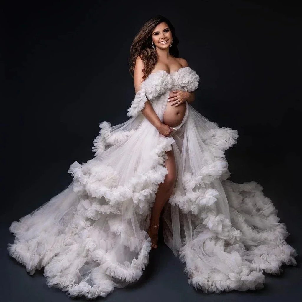 Maternity Dresses Customized Photoshoot Tiered Ruffles Pregnant Women Gowns Baby Shower Off Shoulder Front Slit Bridal Sleepwear
